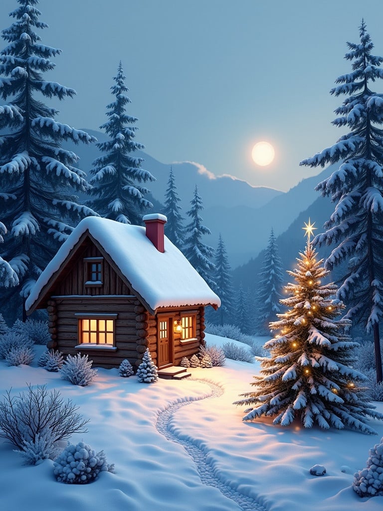 A Christmas scene with a cabin in the snow. The cabin has warm lights. Pine trees surround the cabin and are covered with snow. A decorated Christmas tree stands nearby.