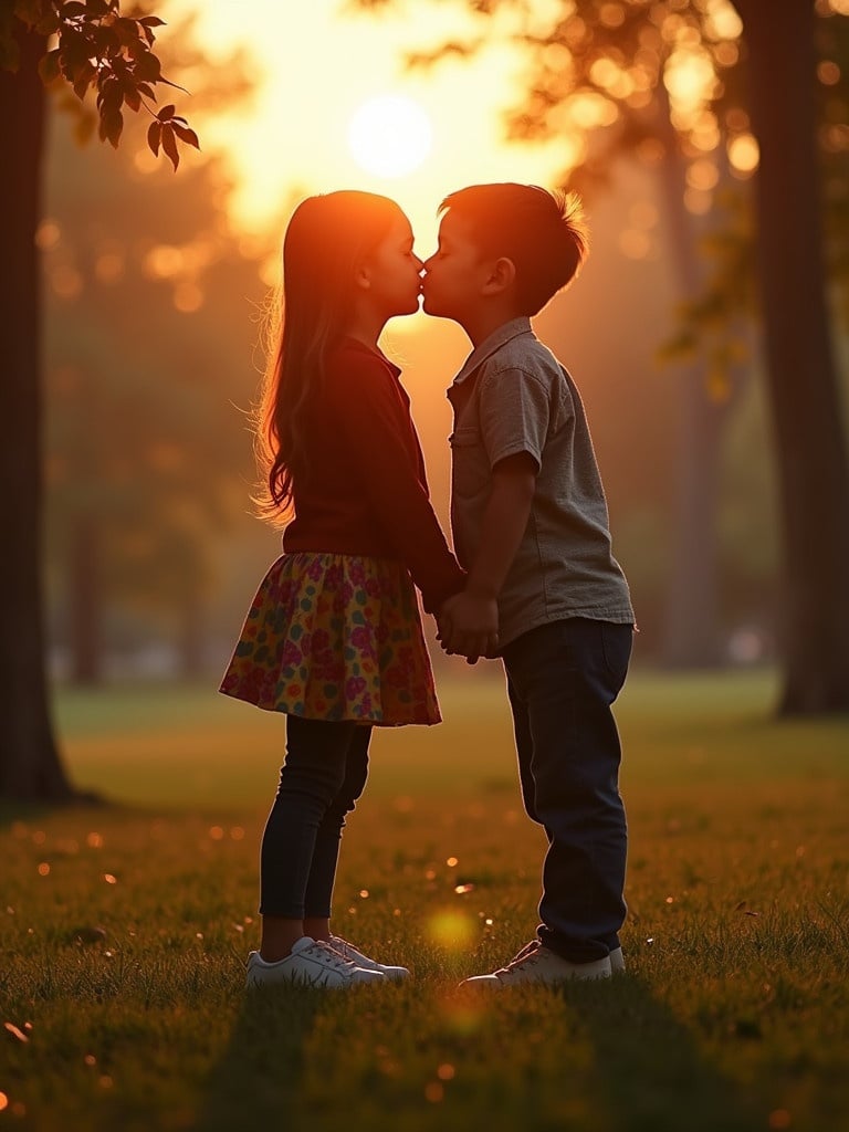 A girl and boy kiss each other in a park at sunset. They hold hands. Warm sunlight surrounds them.