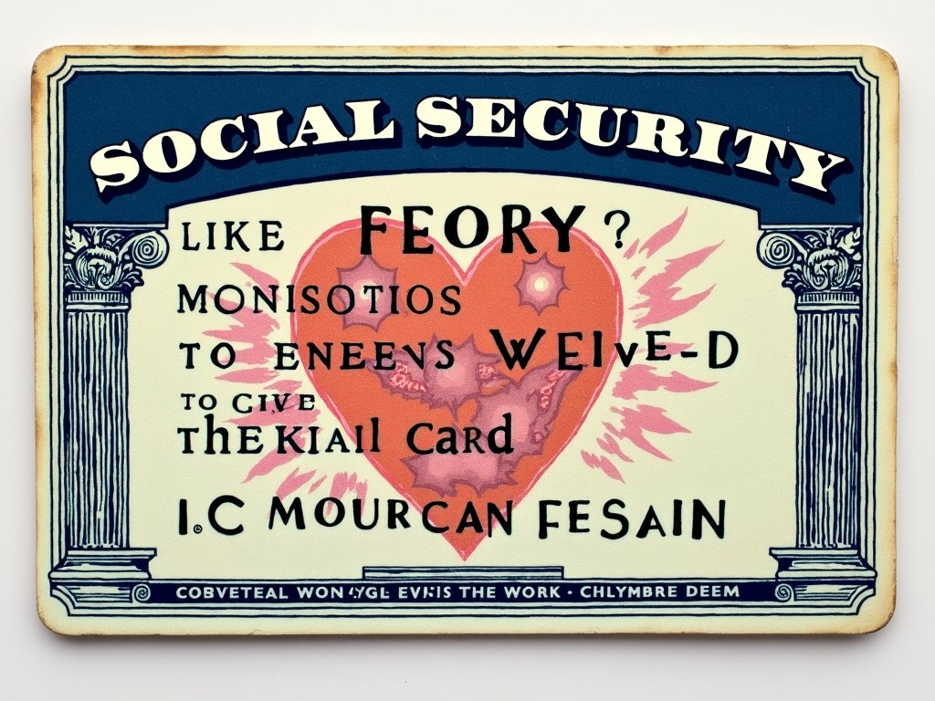 The image depicts a stylized representation of a Social Security card featuring bold, nonsensical text. The focal point is a large heart, surrounded by vibrant accents in red and pink. The background is a rich blue, further enhancing the card's playful design. The text appears whimsical and is arranged in a visually striking manner. This creative take on a Social Security card makes a statement on identity and societal norms, utilizing bright colors and a unique layout. The overall composition is eye-catching and captures the viewer's attention immediately.