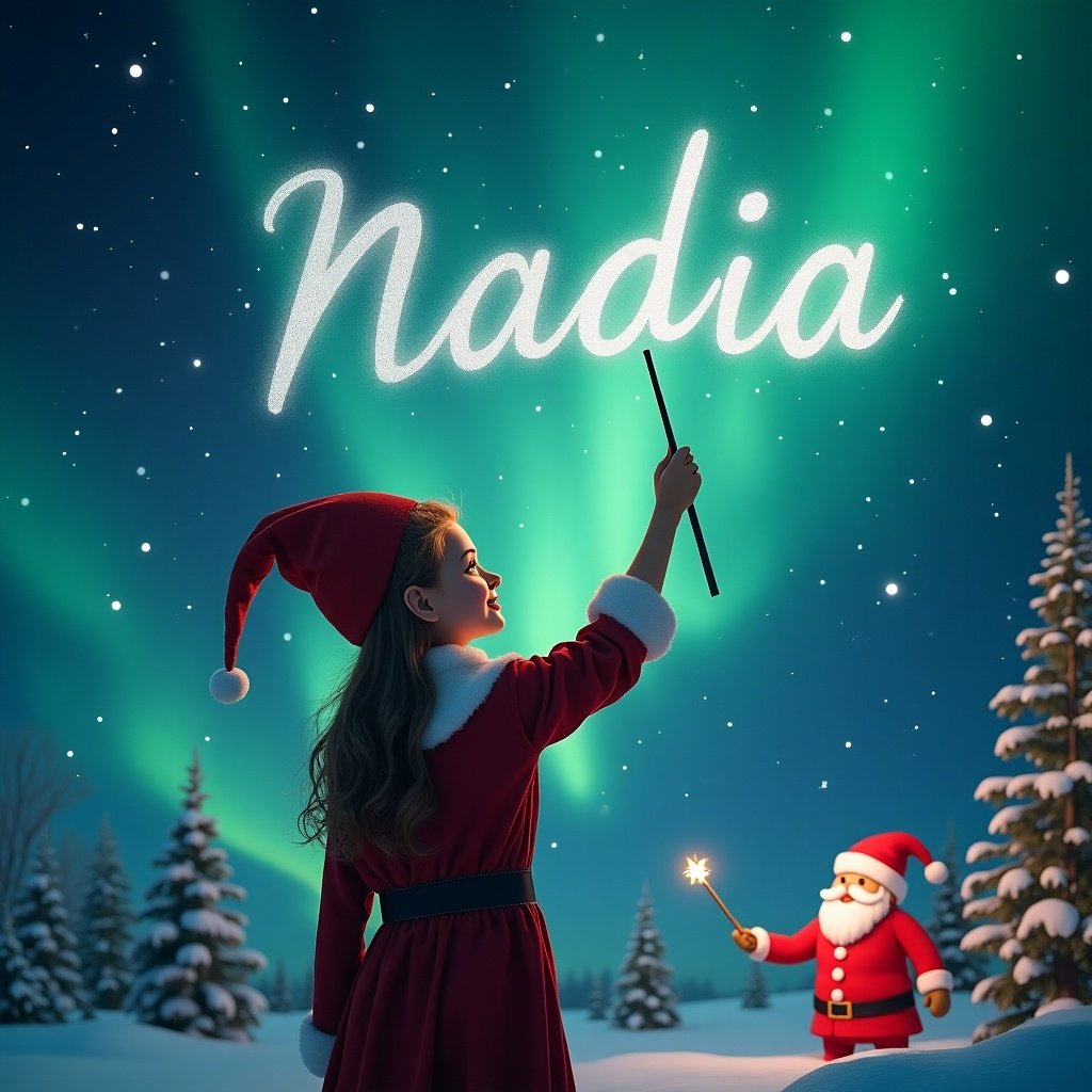 Elf facing magical sky. Writing name in air with wand. Background has northern lights and Santa. Name is 'Nadia'.