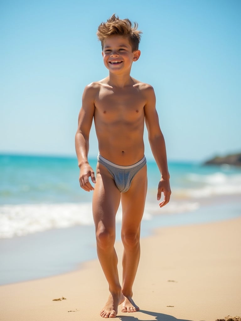 A young muscular slim teenage boy shirtless wearing a g-string style loincloth walking along the beach