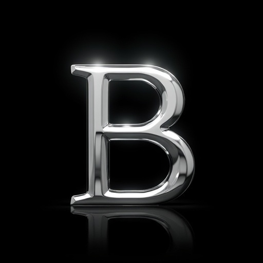 Iconic letter B in chrome plating. Black background. Spotlights create illumination.