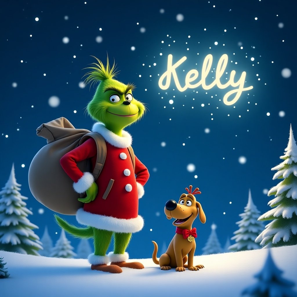 A Pixar-themed Grinch stands in a snowy landscape, writing the name 'Kelly' in the night sky with magical light. He is wearing a festive red suit with white trim, carrying a large sack. Beside him, his dog Max smiles happily. The background features a starry night sky, sparkling stars, and gently falling snowflakes. Pine trees surround them, enhancing the holiday atmosphere. This scene captures the essence of Christmas cheer and whimsy.