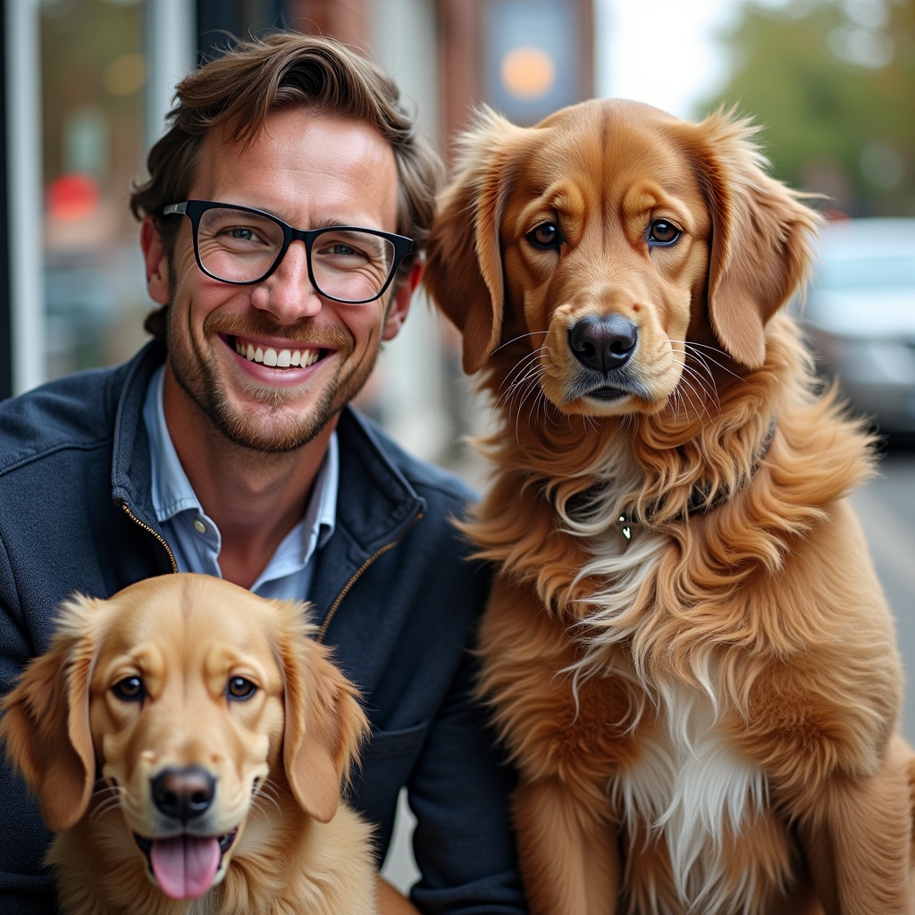 Portrait of a person with two golden retrievers. Outdoor cafe setting with a casual atmosphere. Dogs are friendly and looking at the camera. Person smiles and interacts with the pets. Natural light enhances the scene.