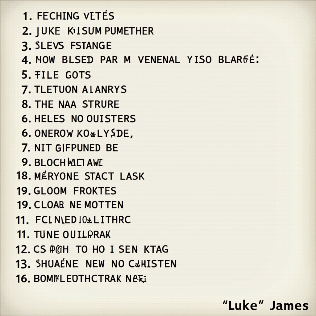 The image showcases a vintage-styled list with the name 'Luke James' prominently featured. The text is arranged in a unique format, giving it an artistic flair. There are several entries that suggest a theme or category, presenting a playful yet enigmatic list. The color scheme is predominantly beige and brown, adding to the aged aesthetic. Overall, the design appeals to those interested in creative typography and artistic representations.