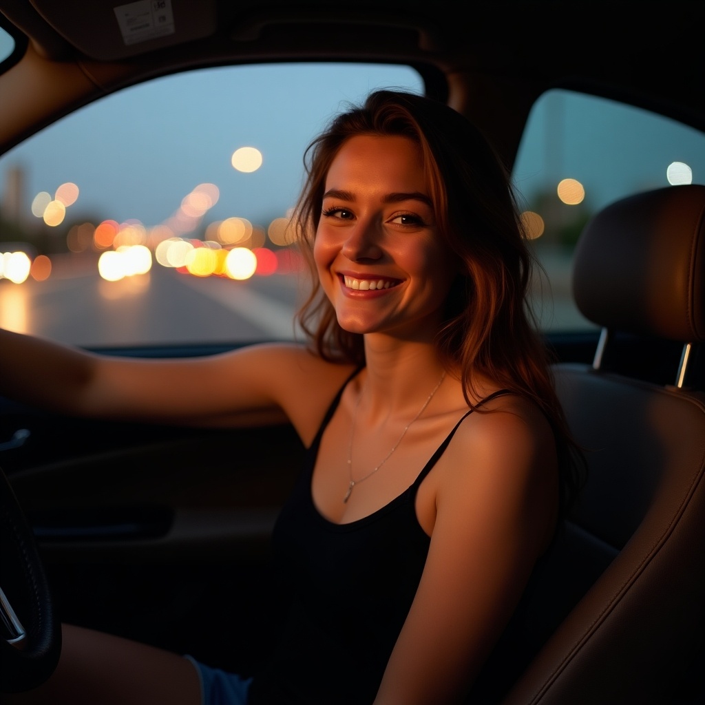 A smiling young woman sits in the driver's seat. Evening city lights are visible through the window. She wears a black tank top and radiates warmth.