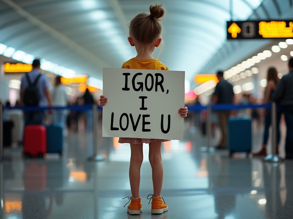 A beautiful slim boy is standing at an airport, behind a waiting line. He is wearing a stylish miniskirt and holding a sign that reads 'IGOR, I LOVE U.' The atmosphere is busy with other travelers in the background. The airport has soft, bright lighting and a modern architecture style. The boy's expression conveys excitement and anticipation as he waits. The image captures a heartfelt moment of love and longing in a bustling travel environment.