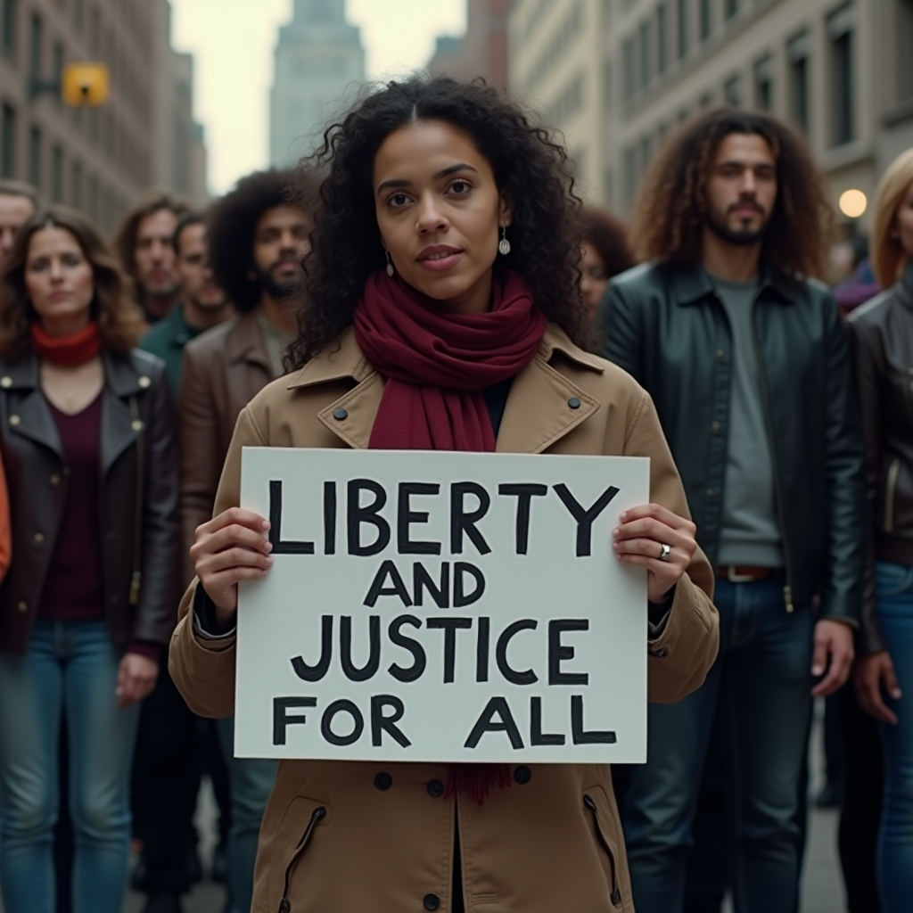 A group of diverse people in a city street holding a sign that reads 'Liberty and Justice for All'.