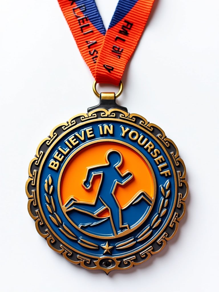 Image features a beautifully designed medal for fun run competitions. The medal has a stylized runner in blue and orange within an intricate emblem. A vibrant red ribbon is attached to the top of the medal. The design promotes the spirit of running and sportsmanship. Text on the medal reads believe in yourself.