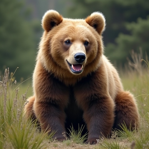 A bear sitting in a grassy area looking happy. The bear is fluffy with light brown fur. Background contains trees. Natural environment with soft lighting.