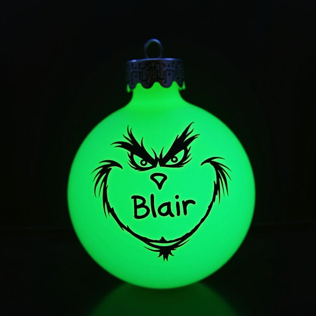 Grinch character writing the name Blair on a glowing green bauble. Bauble is round and shiny with a decorative top.