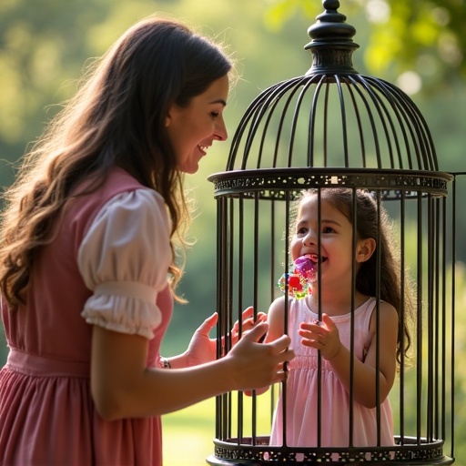A mother and her daughter interact playfully outside. They are near a large medieval metal cage. The daughter holds a big pacifier. Sunlight brightens the scene, creating a warm atmosphere.