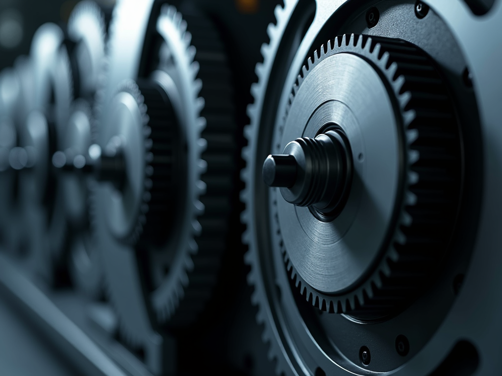 A detailed close-up of interlocking metal gears with sharp teeth, showcasing intricate engineering with a metallic sheen in a dimly lit environment.