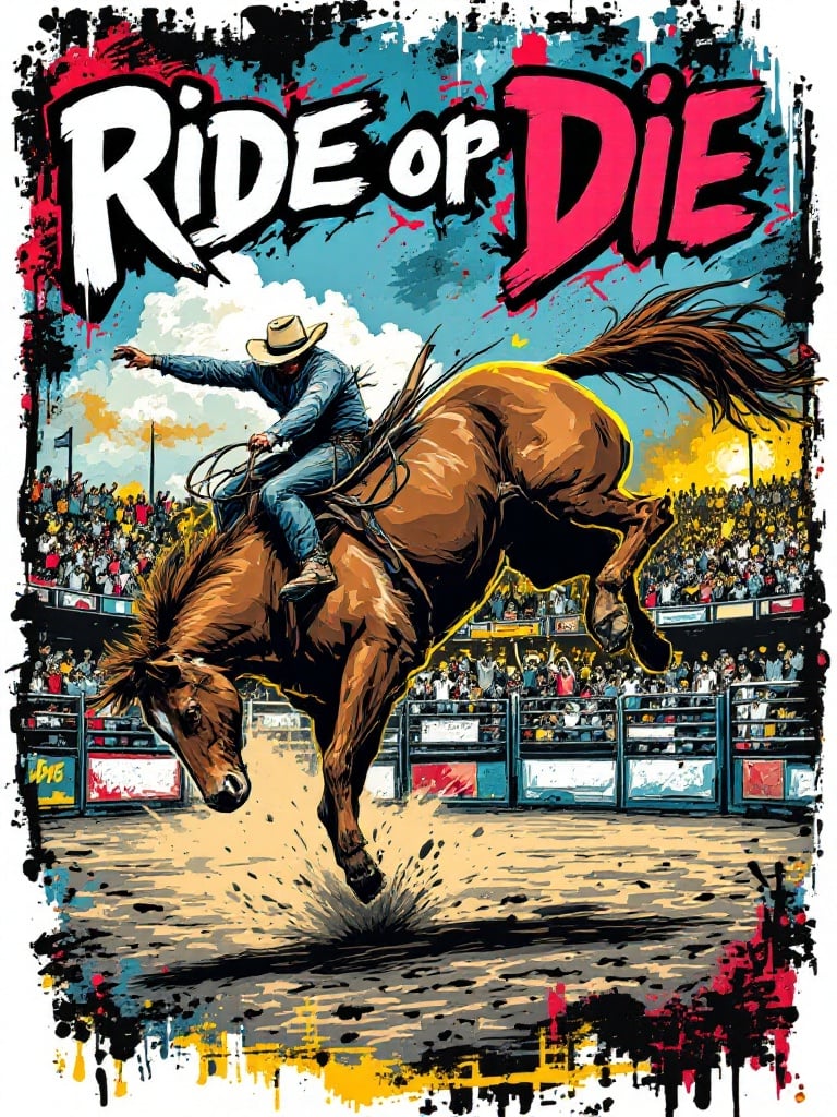 Create a vivid graffiti design of a rodeo rider on a bucking bronco. Design includes cheering fans in the background. Prominently feature the phrase 'Ride or Die' in an edgy font. Capture excitement and thrill of rodeo.