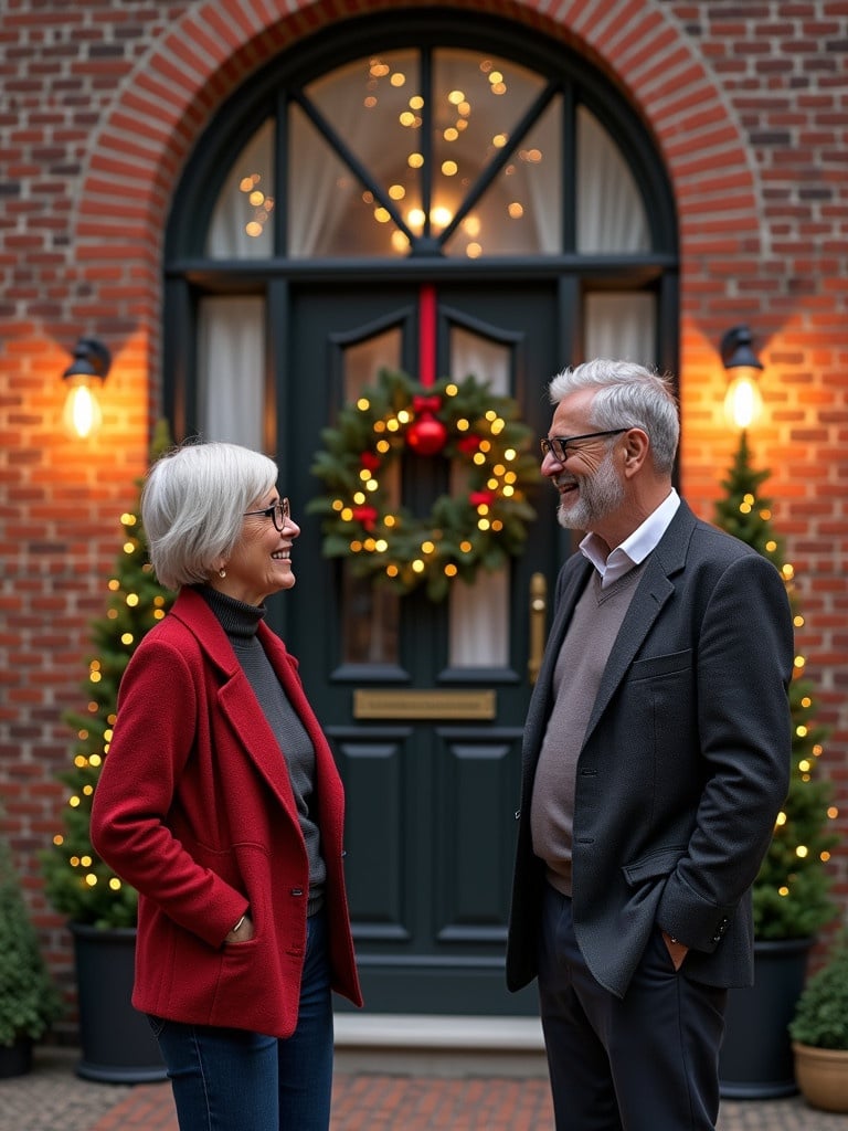 A cozy European brick house with a dark wooden door decorated for Christmas. Two older adults, a woman with short gray hair in a red blazer and a man with glasses wearing a stylish blazer, stand by the door. The door features a festive wreath and string lights creating a warm atmosphere. The scene represents the spirit of a holiday gathering.