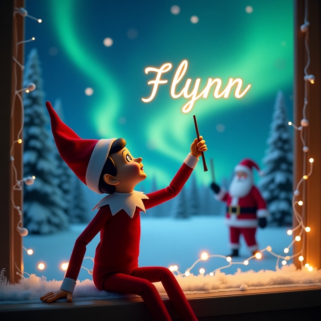 Elf on the shelf looks at the sky. Uses a wand for writing in the air. Background shows a magical Christmas scene with northern lights. Santa is in the background. The elf elegantly writes the name 'Flynn'.