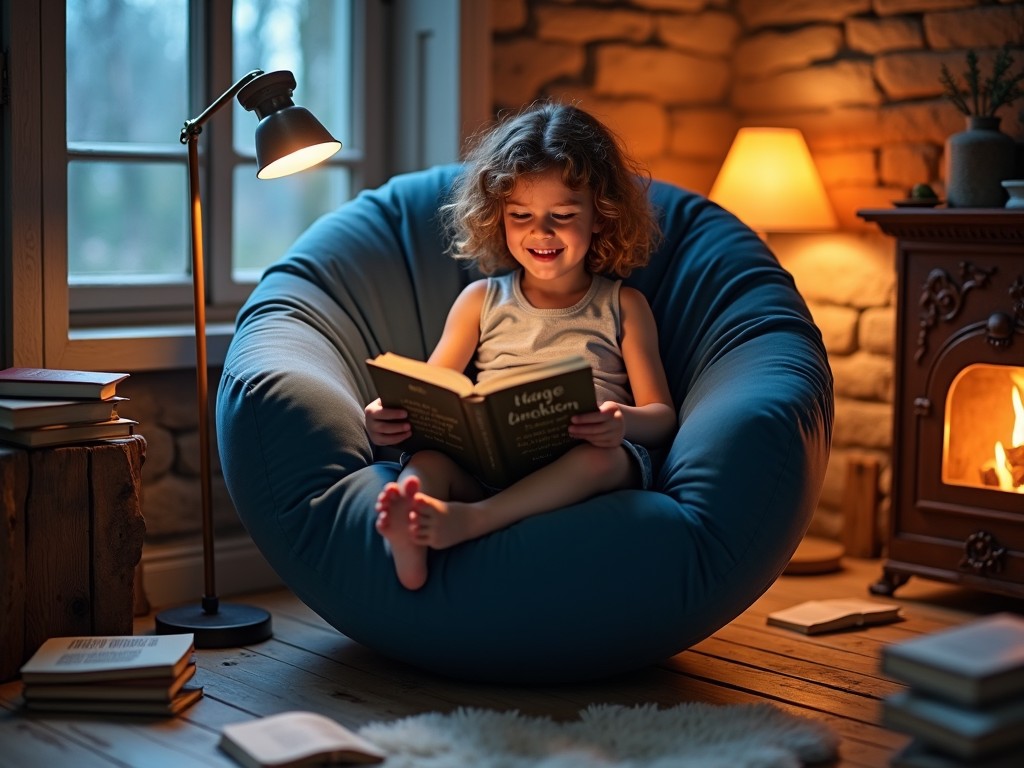 In a cozy, dimly lit room with rustic charm, a young girl sits comfortably in a round, dark blue chair, lost in the pages of a book. Her joyful expression reveals her delight in the reading material, creating a warm atmosphere enhanced by the soft glow of a nearby lamp. The room features exposed brick walls, a fireplace softly illuminating the space, and a window showing the quiet night outside. Scattered books and pages around her suggest a spirit of exploration and curiosity. The inviting fabric of the chair adds to the sense of comfort as she immerses herself in her literary adventure.