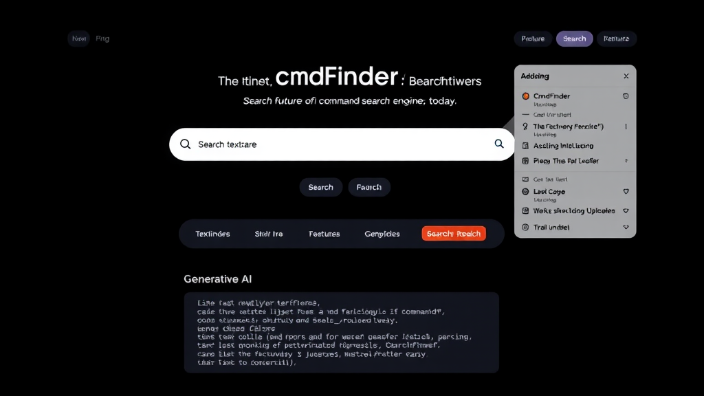 A futuristic search engine interface named cmdFinder with search functions and AI features highlighted.