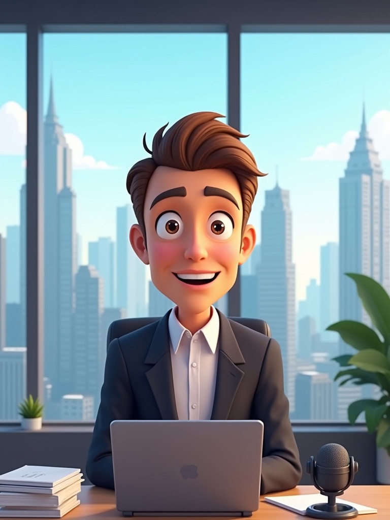 Animated image of a host in a modern office setting. Host faces viewer with a charismatic expression. Dressed in stylish business attire. Wide windows show a skyline view. Bright and inspiring ambiance. Desk includes a microphone and laptop. Organized documents enhance professional vibe. Subtle animations add energy to the scene.