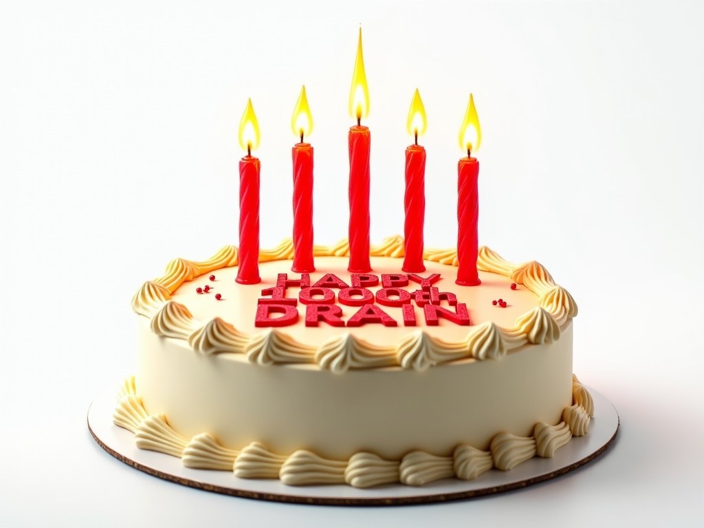 The image features a beautifully designed birthday cake celebrating a 1000th milestone. It has five bright red candles on top, all blazing cheerfully. The cake's surface is adorned with the words 'Happy 1000th Drain' in bold red icing. The frosting is a delightful cream color, intricately piped along the edges. The background is plain white, making the cake's colors pop. This scene radiates a festive atmosphere, perfect for commemorating a special occasion.