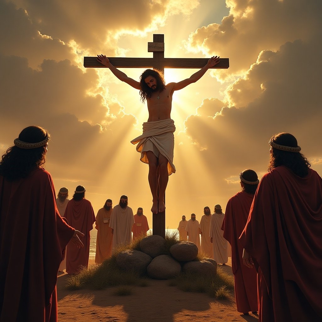 Scene depicting Jesus Christ crucified on the cross at Golgotha. Background includes clouds and rays of sunlight. Foreground features spectators in draped garments.