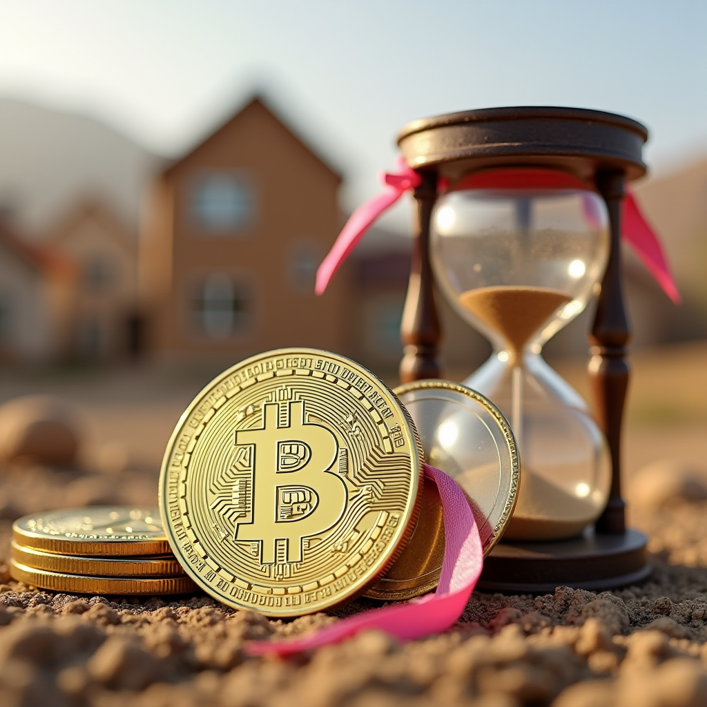 A Bitcoin coin and an hourglass symbolize the passage of time and the digital currency's evolution.