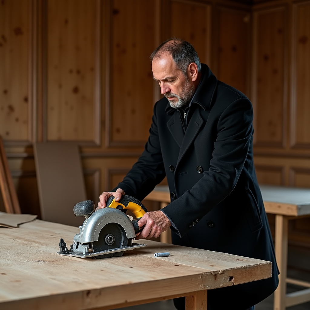 A man in a black coat uses a circular saw on a wooden table in a paneled room.