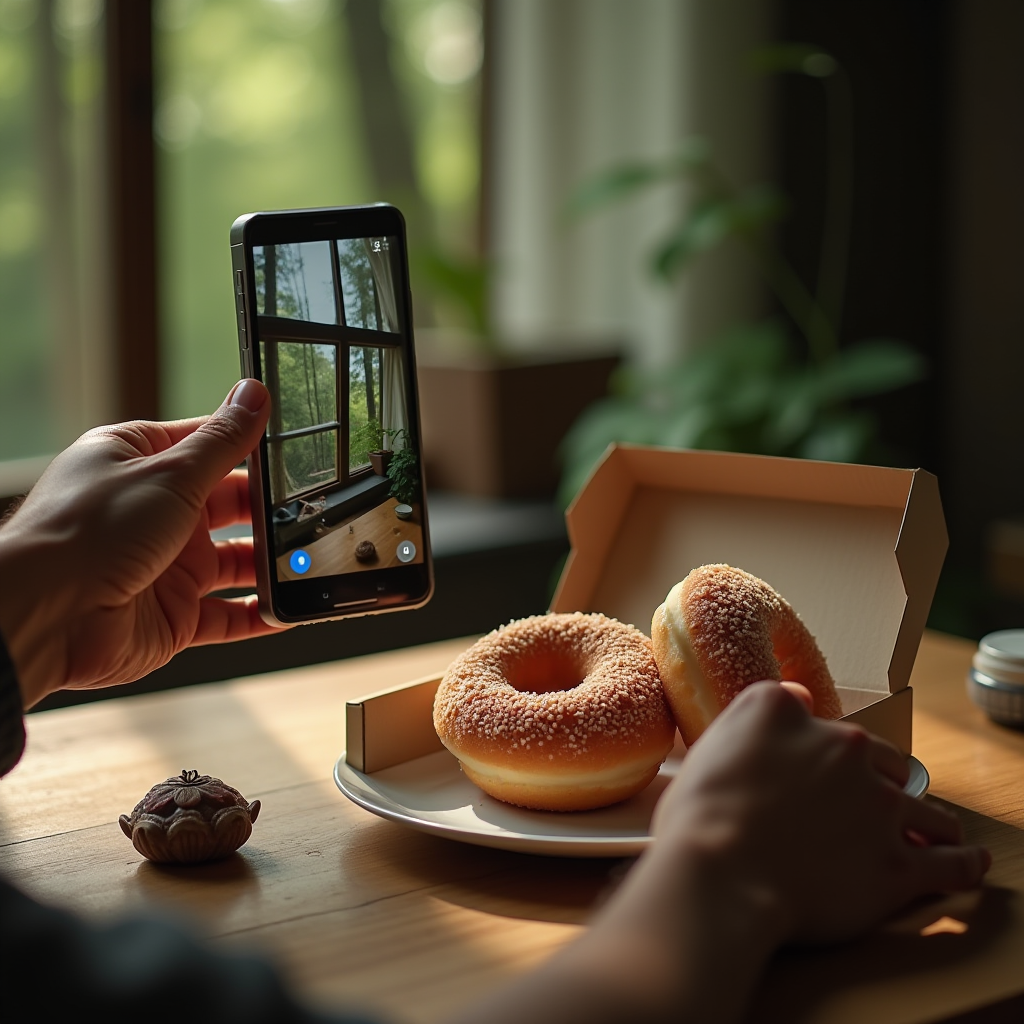 A person takes a photo of a serene window view, while a plate of donuts sits in the foreground.