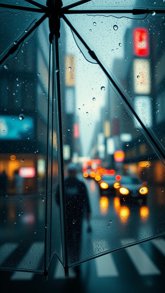 A rainy city street seen through a transparent umbrella, with blurred lights in the background creating a bokeh effect.