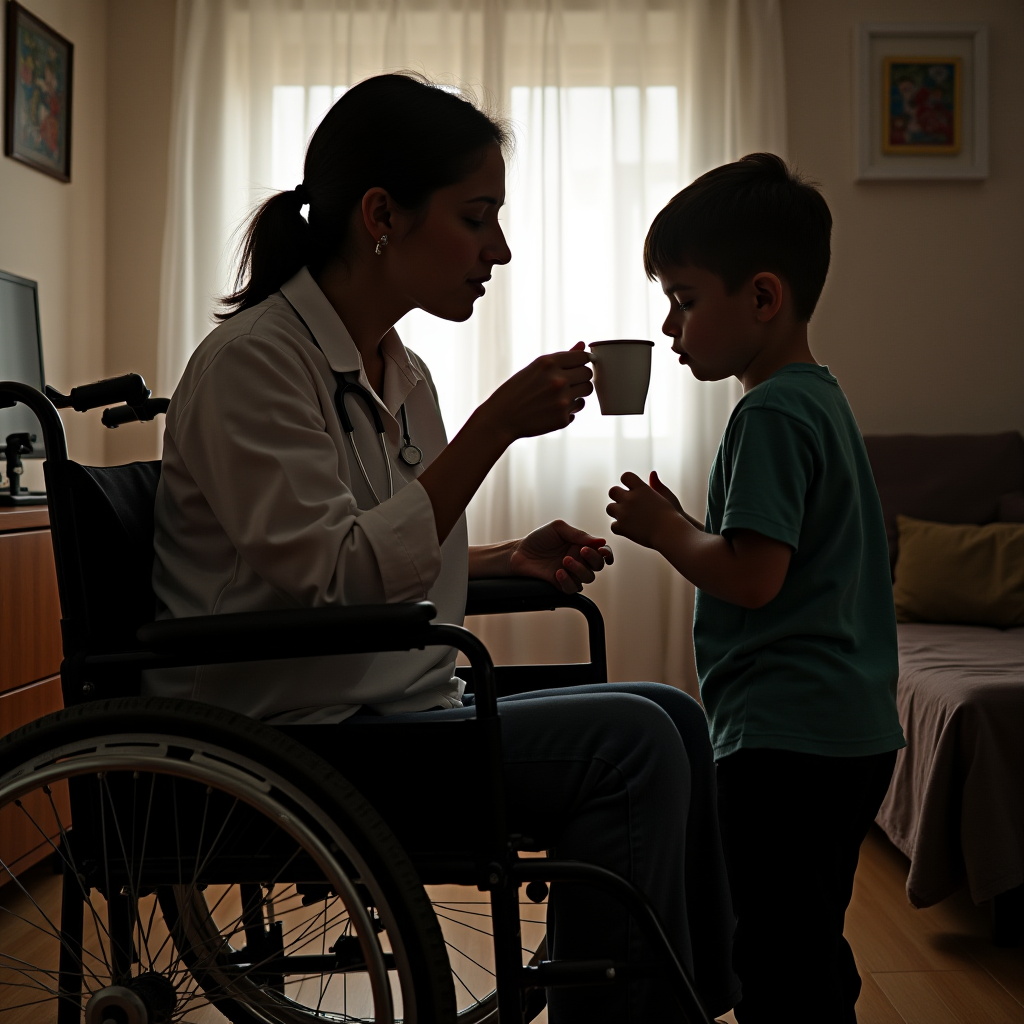 A woman in a wheelchair offers a cup to a young boy in a warmly lit room.