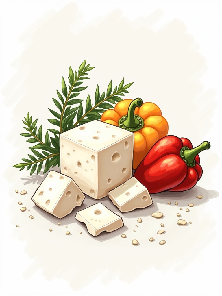 Illustration features feta cheese cubes with colorful bell peppers and fresh oregano. Visual displays natural ingredients for cooking. Bright colors highlight freshness. Ideal for culinary representation.