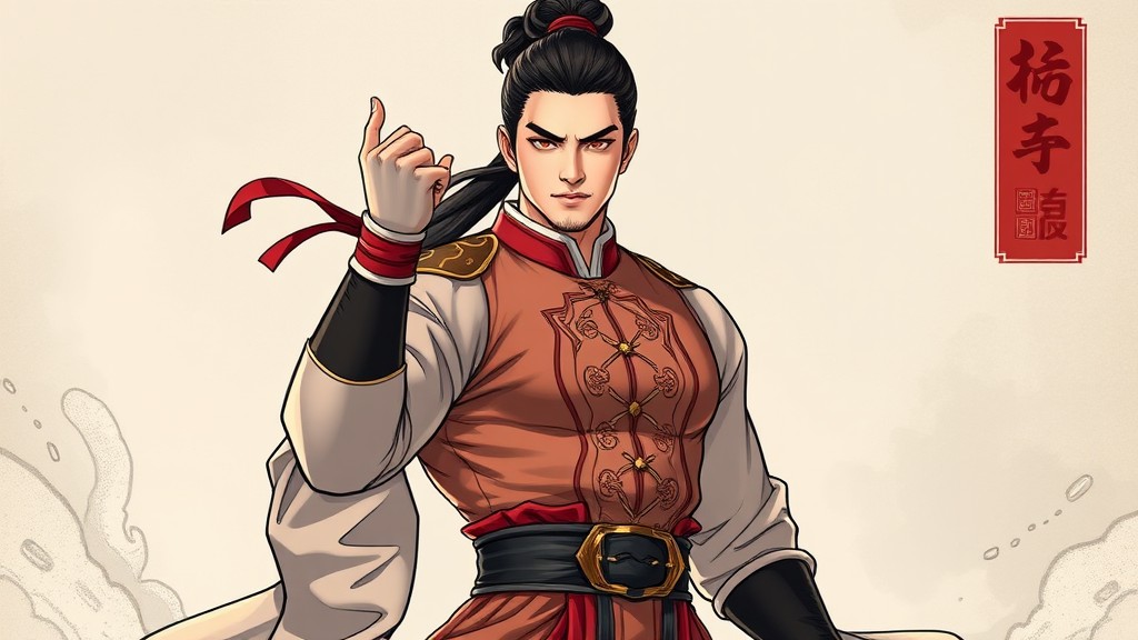 A stylized illustration of a determined warrior in traditional attire, posing confidently.