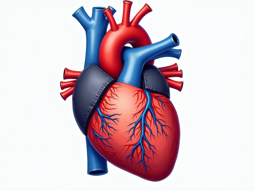 This digital illustration vividly depicts a human heart, showcasing its complex structure with prominently detailed arteries and veins. The use of bright red and blue colors emphasizes the circulatory system, while the smooth shading gives the heart a realistic, almost three-dimensional appearance. The background remains neutral, ensuring the heart is the focal point of the image.