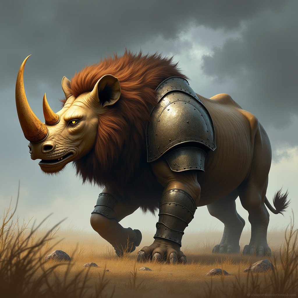 Hybrid creature combines lion and rhinoceros. Muscular body with thick armored hide. Fierce expression merges lion's face with rhino's horn. Features sharp fangs and glowing eyes. Bulkier body includes thick horn on forehead. Mane integrates into armored plates. Setting is stormy savanna background.