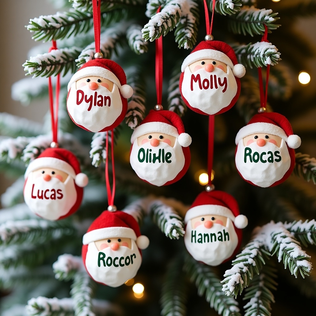 This image showcases a beautifully decorated Christmas tree adorned with personalized Santa-themed baubles. Each bauble features a cheerful Santa face with various names written in colorful letters. The names displayed include 'Dylan,' 'Molly,' 'Oliver,' 'Rocas,' 'Lucas,' 'Rocco,' and 'Hannah.' The baubles are hung with red ribbons against a backdrop of frosted pine branches. The warm lighting creates a cozy and festive atmosphere, perfect for the holiday season. This scene evokes the joy and personalization of Christmas traditions.