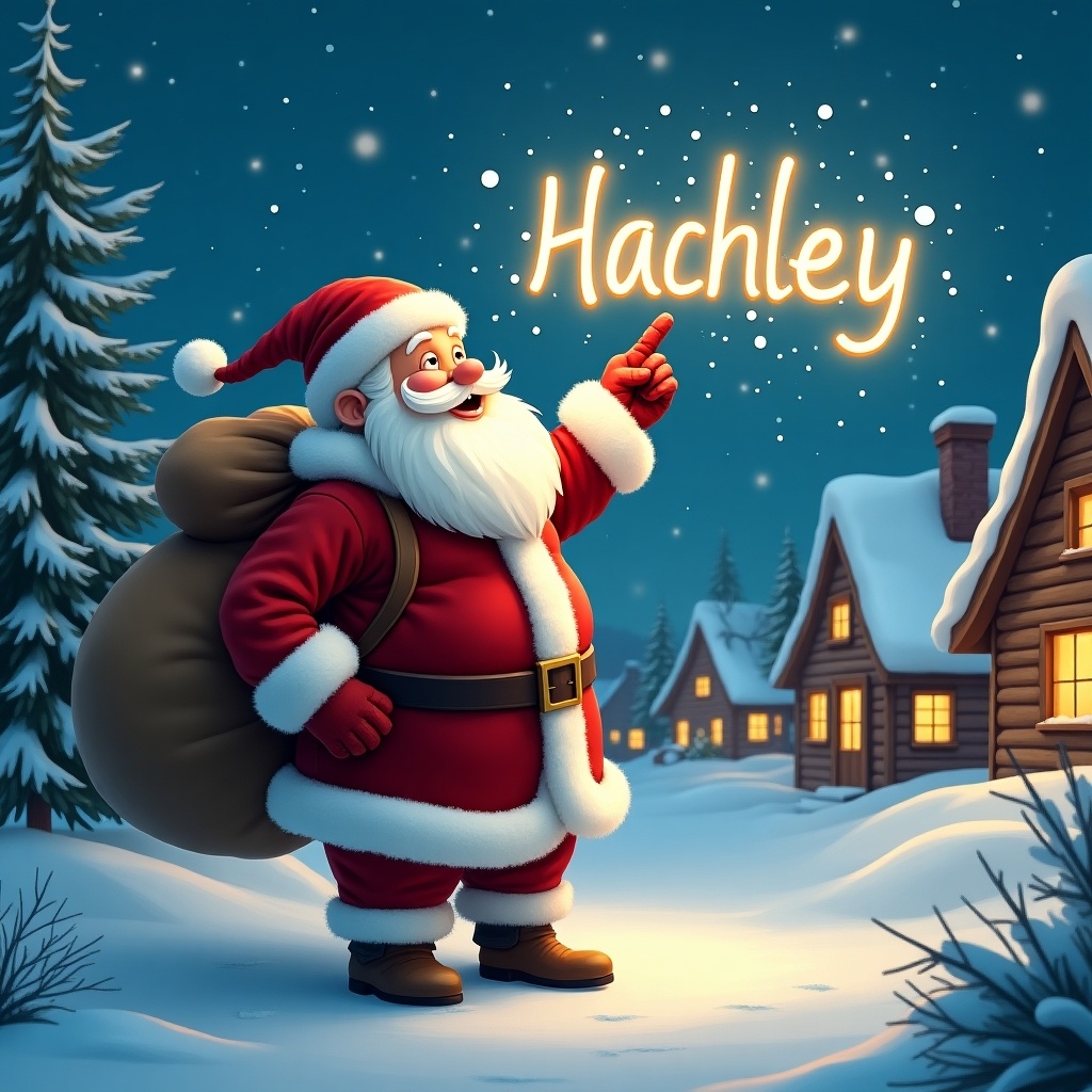 In this enchanting winter scene, Santa Claus is dressed in his iconic red suit, complete with a fluffy white beard and a large sack over his shoulder. He's standing in a snowy village, pointing up at the sky where he is magically writing the name 'HADLEY' with glowing light. Snowflakes gently fall around him, while charming wooden houses with warm lights can be seen in the background, surrounded by evergreen trees. The atmosphere is festive and joyful, capturing the spirit of Christmas, embodying the wonder of the holiday season, and inviting feelings of happiness and nostalgia.