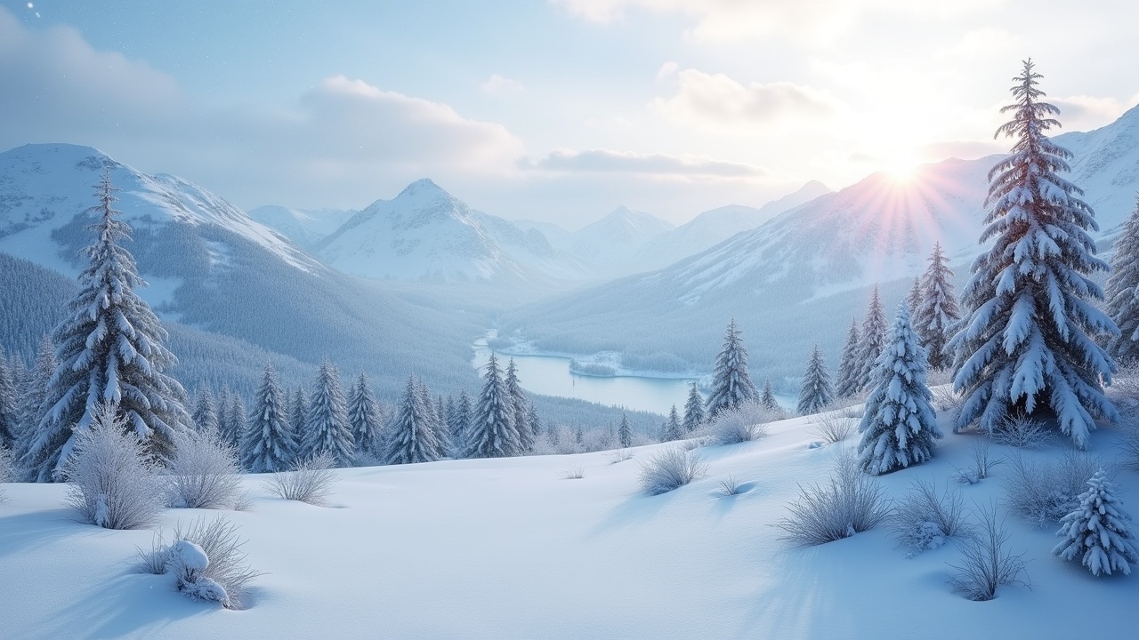 The image showcases a breathtaking winter landscape with a bird's-eye view. It captures the first snow gently falling, transforming the mountains into a beautiful white scene. The soft light from the rising sun casts a warm glow across the snowy terrain. Lush pine trees dot the landscape, adding to the tranquility of the environment. This serene setting invites viewers to appreciate the beauty and calmness of nature during winter.