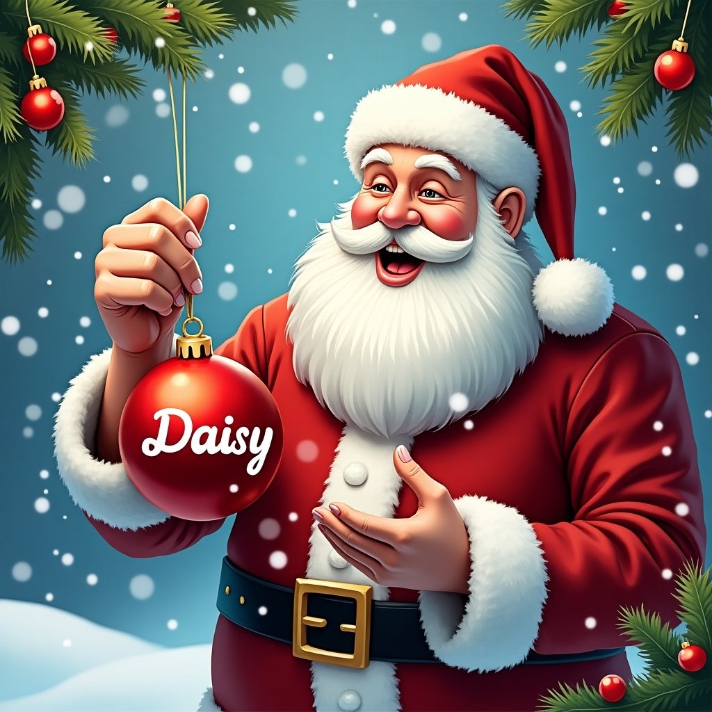 Santa Claus personalizing Christmas baubles with name Daisy. Background is snowy with festive greenery. Santa is cheerful in red suit. Vibrant colors depict holiday joy.