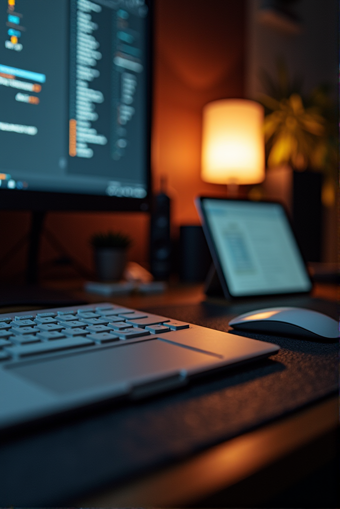 A dimly lit computer workstation with a backlit keyboard, mouse, and a screen displaying code, complemented by a warm lamp and a tablet.