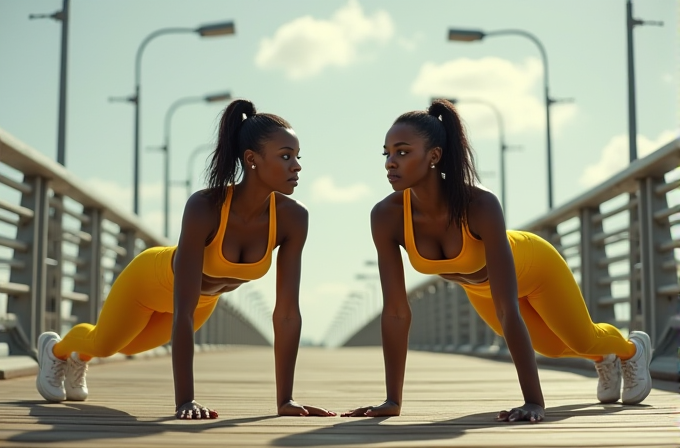 Two women in matching yellow fitness outfits do push-ups on a wooden bridge under a bright sky.