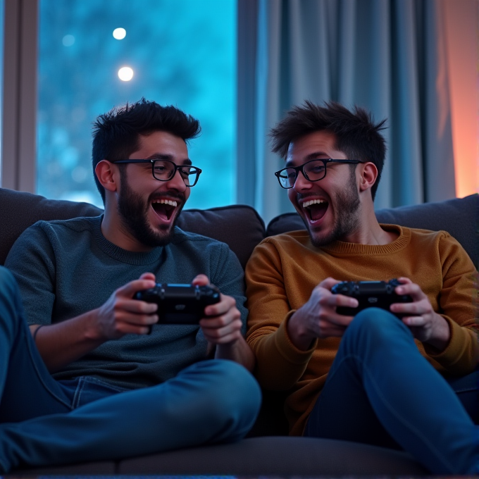 Two friends are enthusiastically playing video games together on a couch.