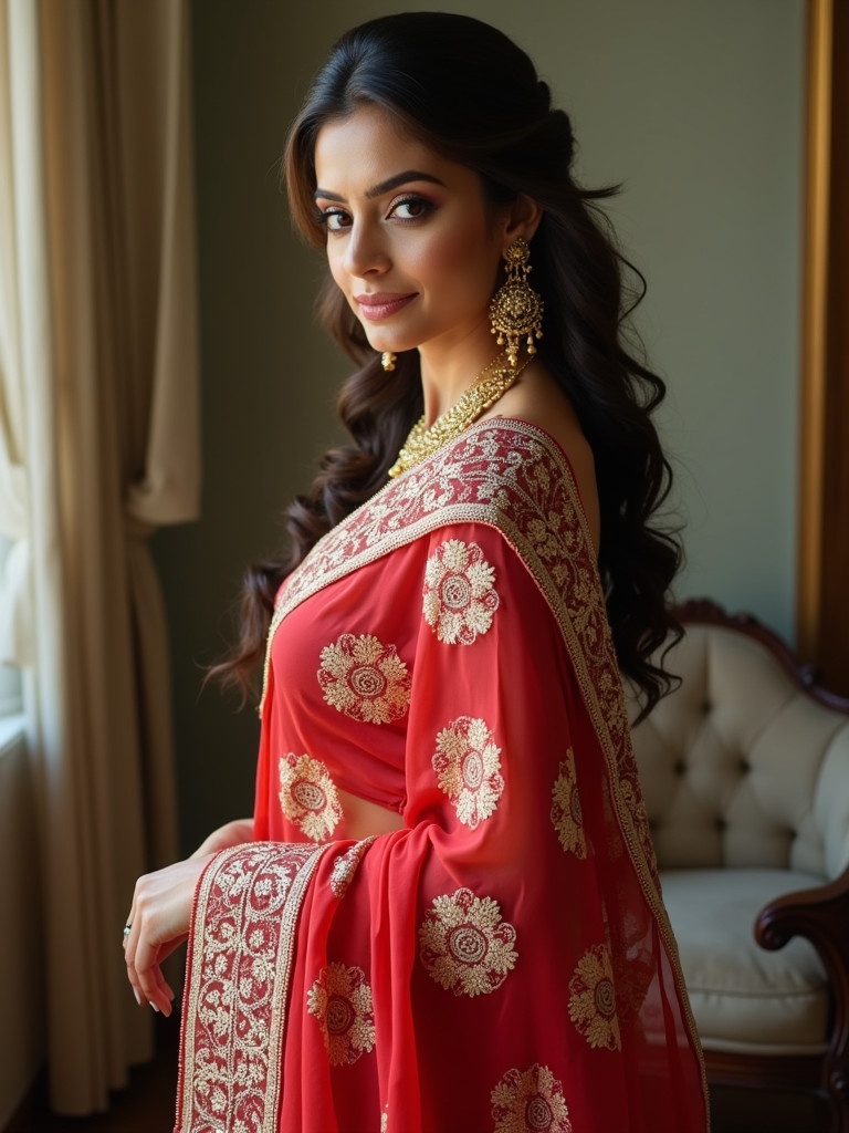 Woman elegantly dressed in a traditional red and gold embroidered saree showcasing intricate designs