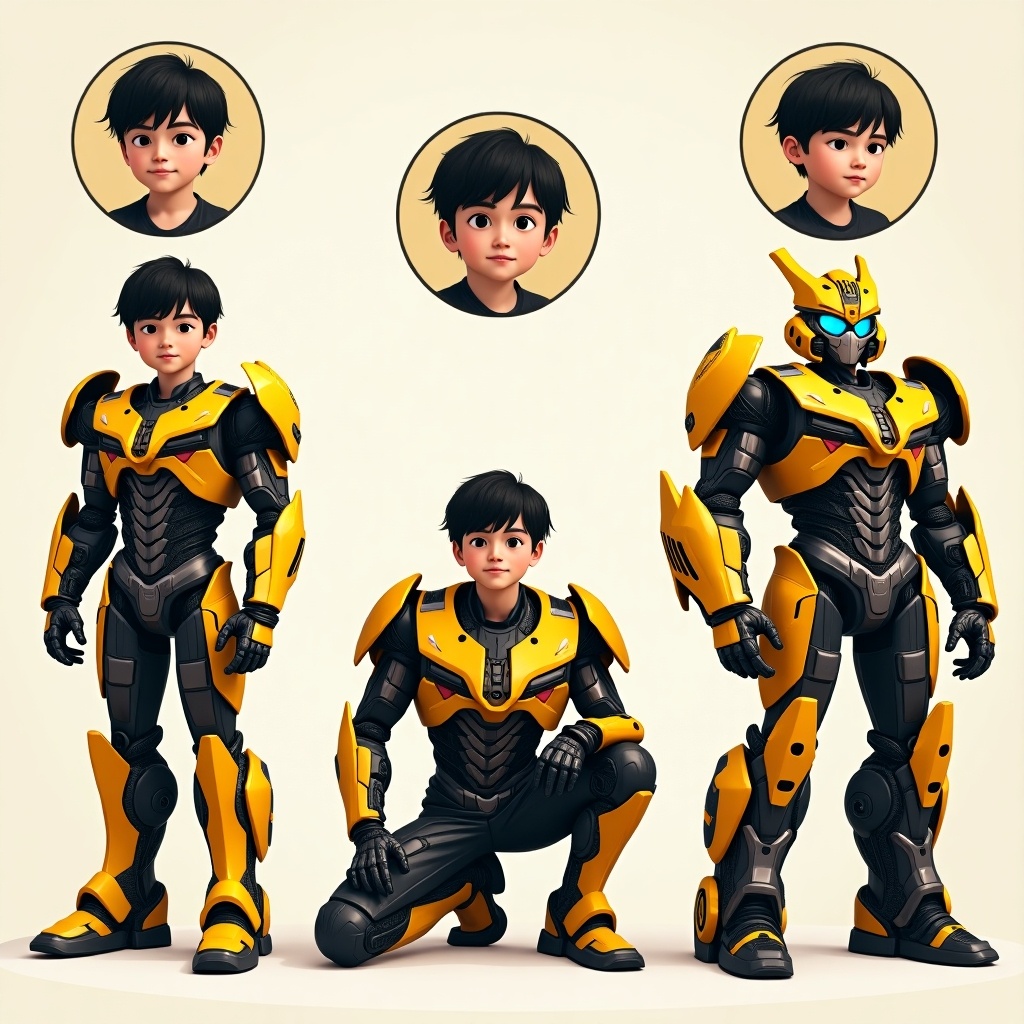 Image displays a teenage boy in a transformation theme. Left shows him in Bumblebee armor. Center shows him kneeling, transitioning with armor and car elements. Right shows him as a Bumblebee sports car with 'Car for Rent' plate. Above each section are his expressions corresponding to the stages.