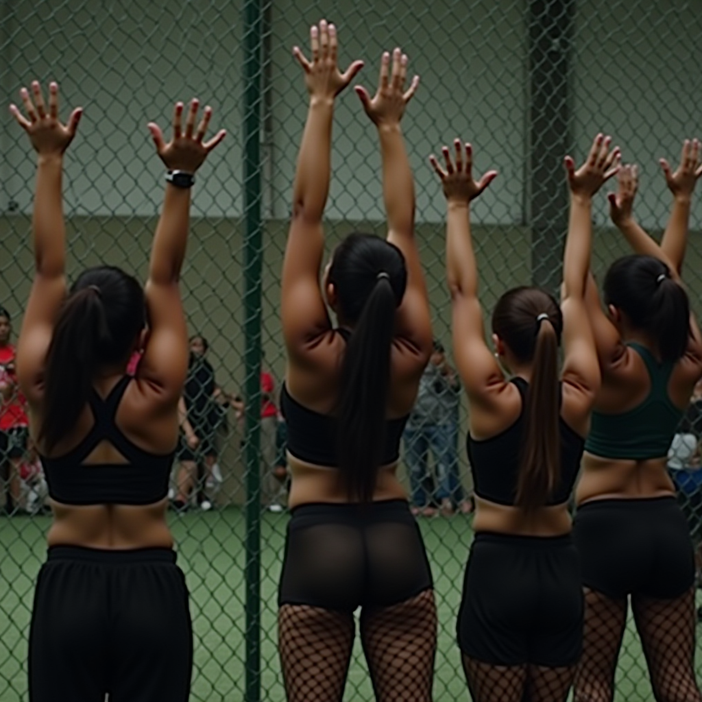 Five women in athletic wear stand in front of a fence, raising their arms in unison.