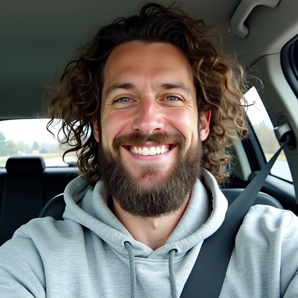 Man sits in vehicle wearing gray hoodie and smiling. He has long curly hair and a full beard. The seatbelt is on. Interior of the car is visible with soft lighting.