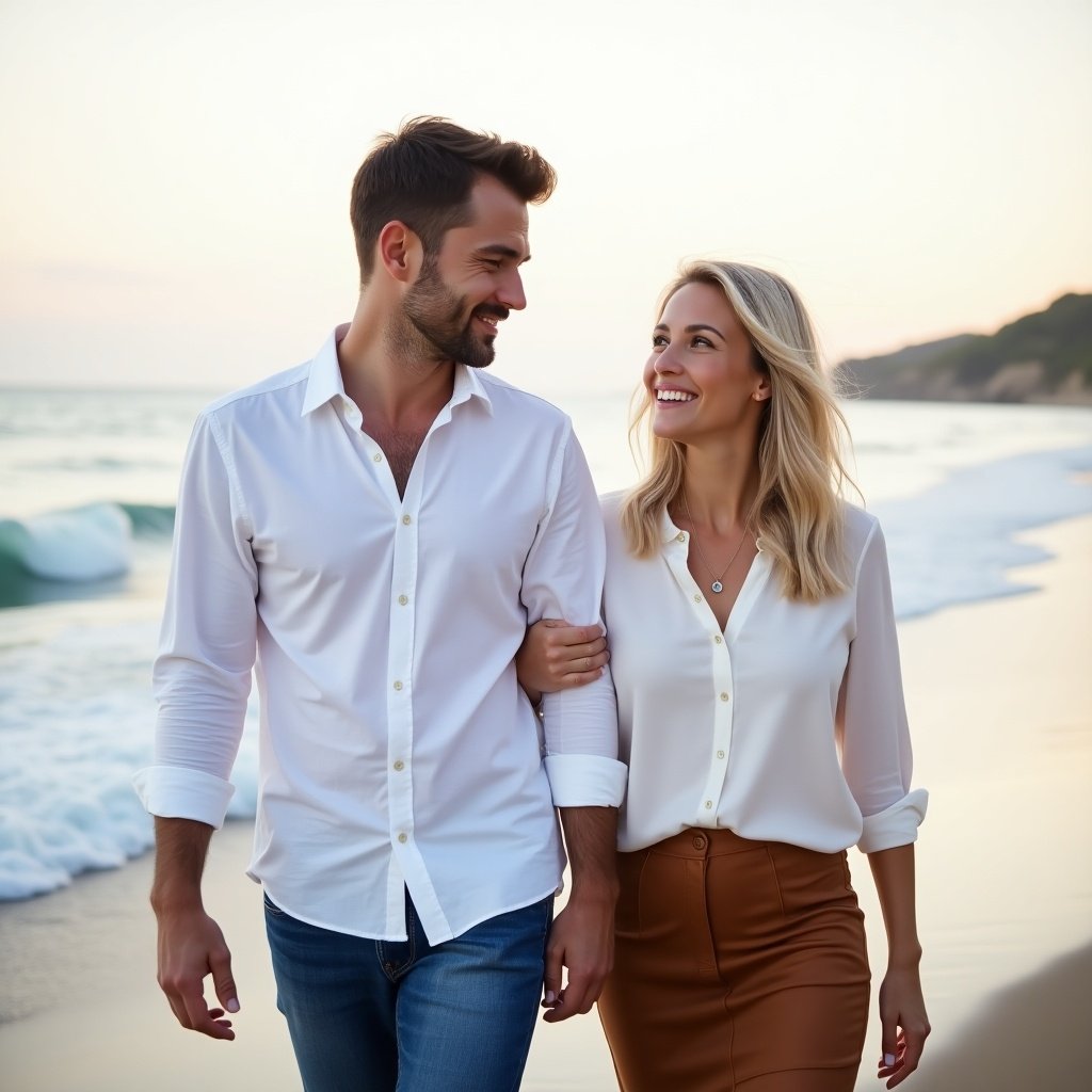 Image of a man and woman walking together on a beach. Both are smiling and enjoying their time. The waves are in soft focus behind them.