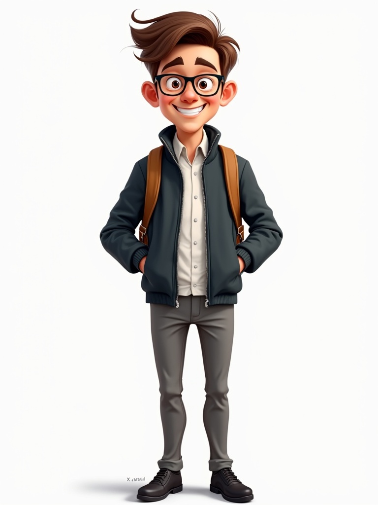 Cartoon style caricature depicts a young man dressed in a dark zippered jacket, white shirt, gray dress pants, and black shoes. He carries a backpack and adopts a relaxed, confident stance with hands in pockets.