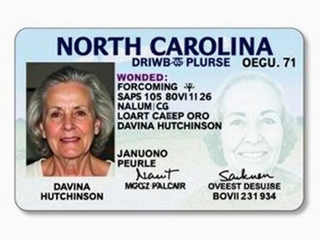 This image depicts a North Carolina driver license card. It features the name Davina Hutchinson and indicates an age of 71. The birth date is noted as 21/08/1953. The card is formatted in a typical government style, presenting an official appearance. The identification photo provides a clear headshot. Overall, the layout is clean and professional, making it suitable for identity verification purposes.