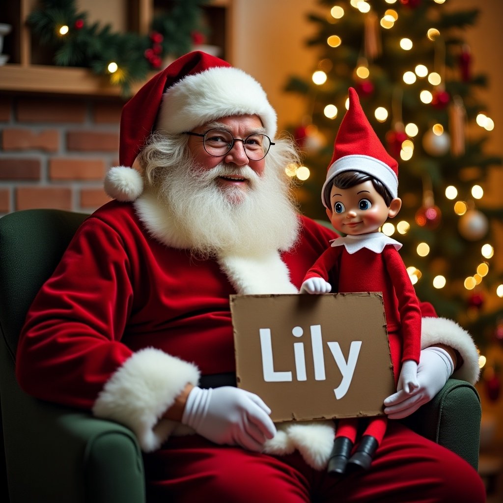 This image features Santa Claus in a cozy setting, exuding holiday spirit. He is seated with an elf on the shelf beside him. They are happily holding a sign that reads 'Lily'. The background is filled with Christmas decorations, creating a warm and festive atmosphere. The tree is adorned with colorful lights, enhancing the merry mood. This scene captures the magic of Christmas and the joy of family traditions.