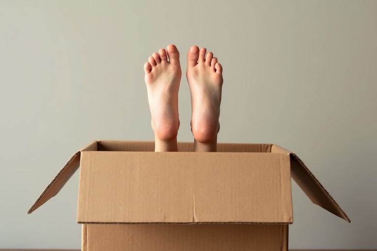 Feet of a female person are protruding from a large cardboard box with open flaps in a simple neutral background. The feet are bare and depict a casual and relaxed pose.